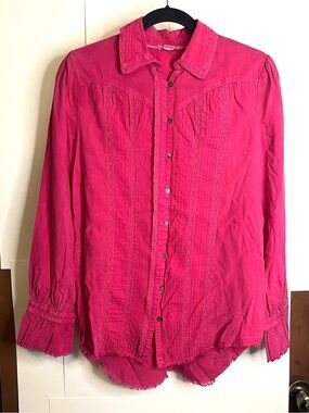 Sundance Bright Fuchsia Tencel Button-Front Blouse w/ Lace Trim & Raw Hem